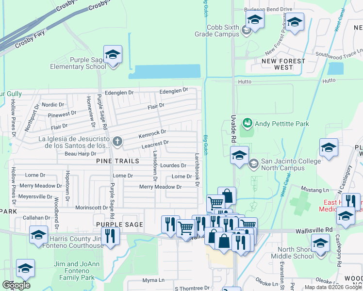 map of restaurants, bars, coffee shops, grocery stores, and more near 14627 Lea Valley Drive in Houston