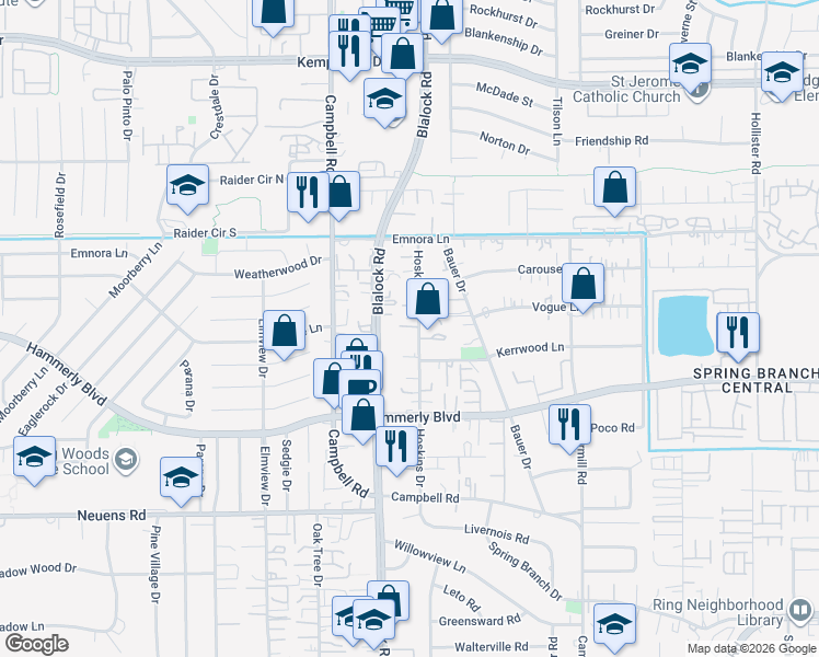 map of restaurants, bars, coffee shops, grocery stores, and more near 2221 Hoskins Drive in Houston
