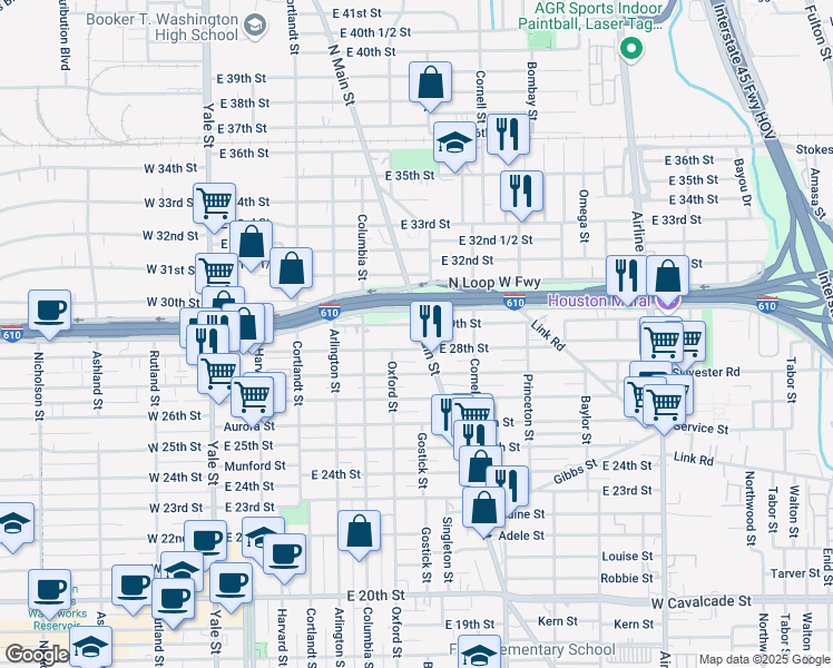 map of restaurants, bars, coffee shops, grocery stores, and more near 6806 North Main Street in Houston