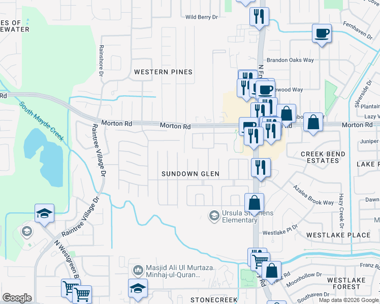 map of restaurants, bars, coffee shops, grocery stores, and more near 3043 Silver Spur Drive in Katy