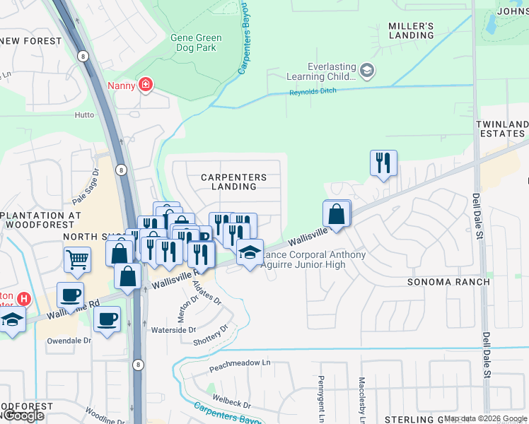 map of restaurants, bars, coffee shops, grocery stores, and more near 15827 Egret Field Lane in Houston