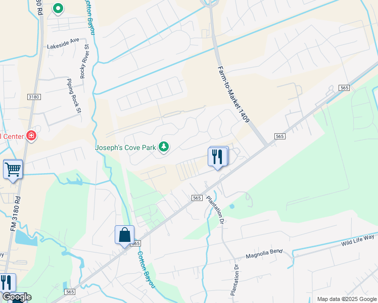 map of restaurants, bars, coffee shops, grocery stores, and more near 5826 Golden Cove Road in Baytown