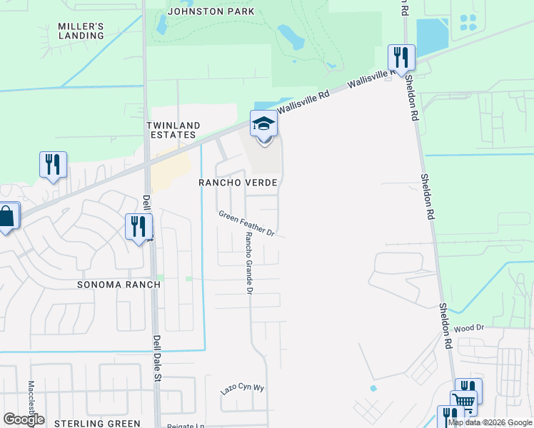 map of restaurants, bars, coffee shops, grocery stores, and more near 2111 Alegre Valley Court in Houston