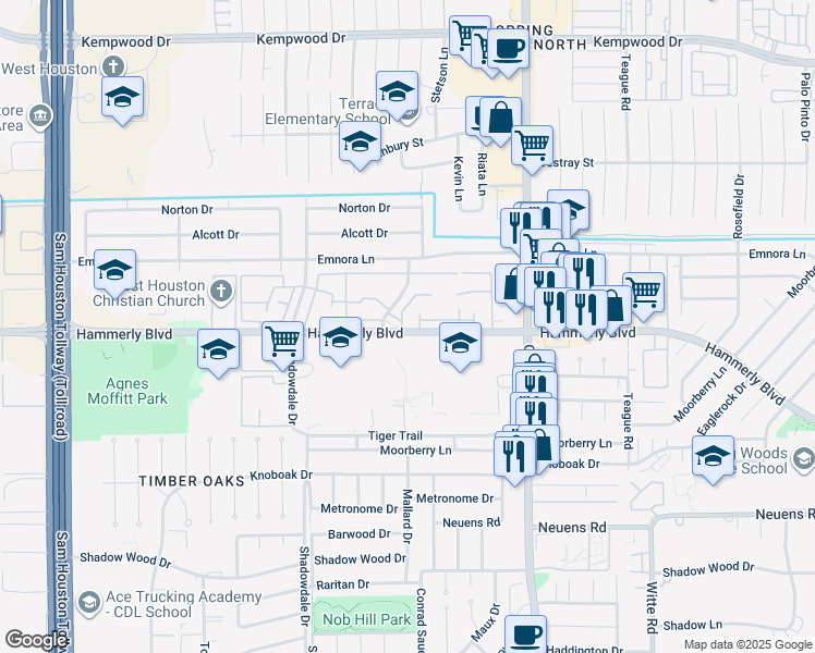 map of restaurants, bars, coffee shops, grocery stores, and more near 10474 Hammerly Boulevard in Houston