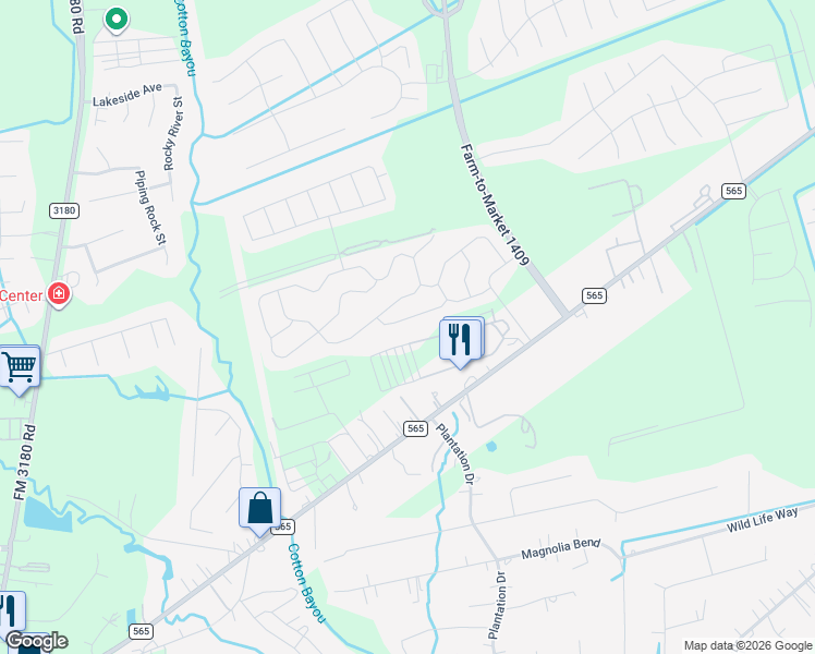 map of restaurants, bars, coffee shops, grocery stores, and more near 5826 Golden Cove Road in Baytown