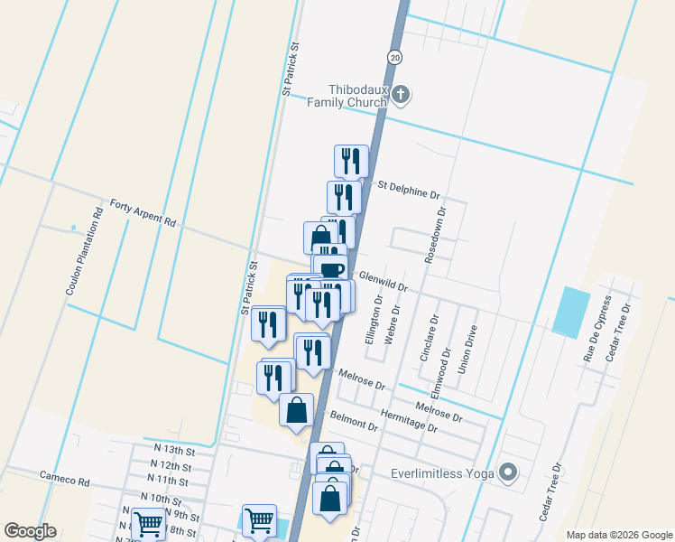map of restaurants, bars, coffee shops, grocery stores, and more near 699 North Canal Boulevard in Thibodaux