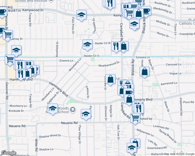 map of restaurants, bars, coffee shops, grocery stores, and more near 9623 Bundy Lane in Houston