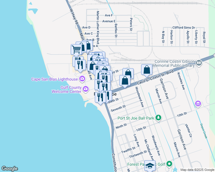 map of restaurants, bars, coffee shops, grocery stores, and more near in Port St. Joe