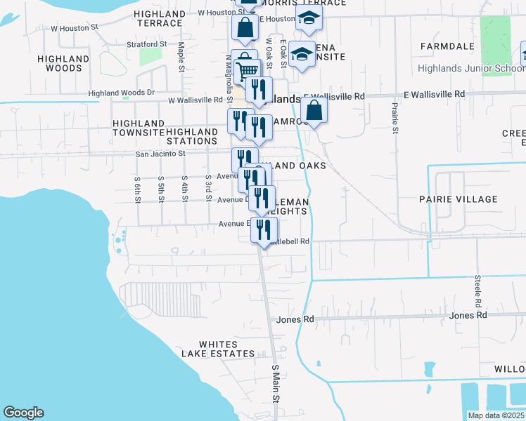 map of restaurants, bars, coffee shops, grocery stores, and more near 317 South Main Street in Highlands
