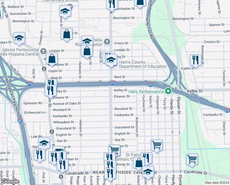 map of restaurants, bars, coffee shops, grocery stores, and more near in Houston