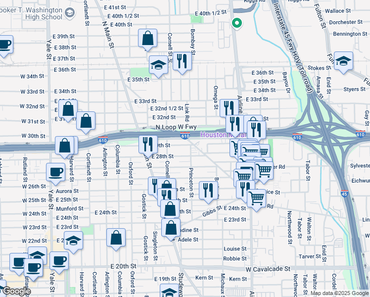 map of restaurants, bars, coffee shops, grocery stores, and more near 831 East 28th Street in Houston
