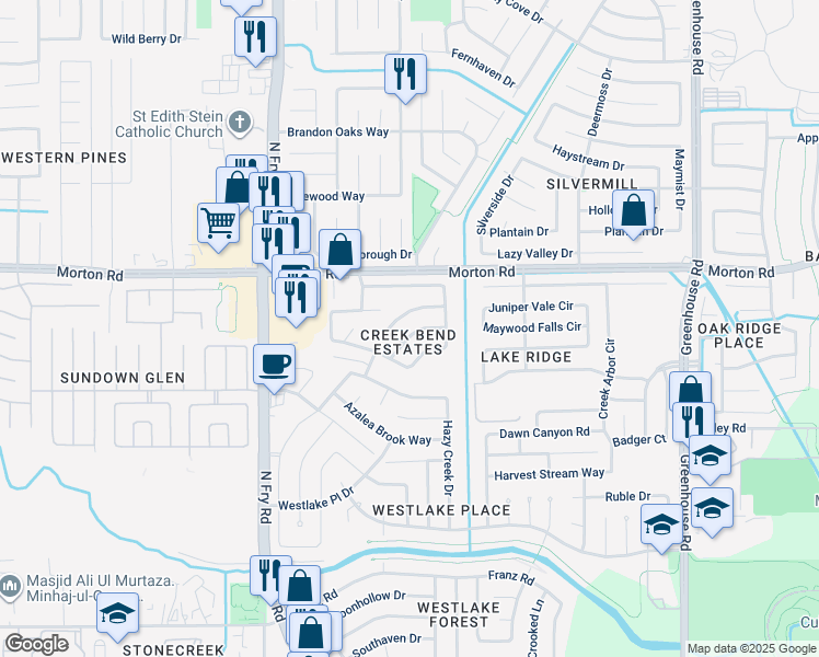 map of restaurants, bars, coffee shops, grocery stores, and more near 19638 Twilight Falls Lane in Houston