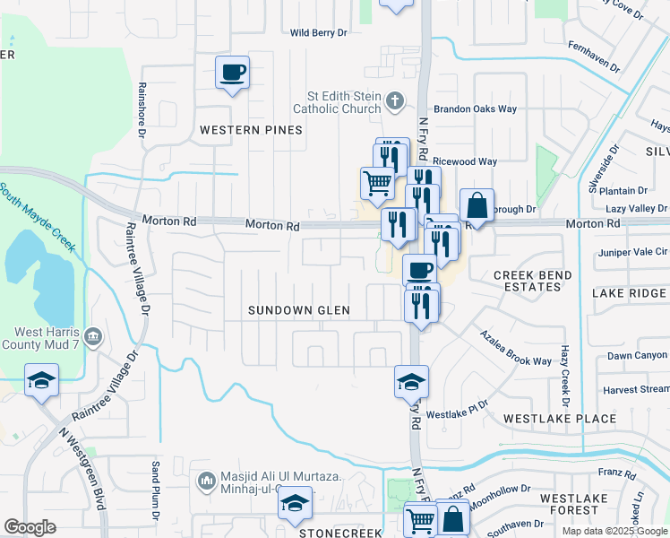 map of restaurants, bars, coffee shops, grocery stores, and more near 3043 Fresco Wells Drive in Katy