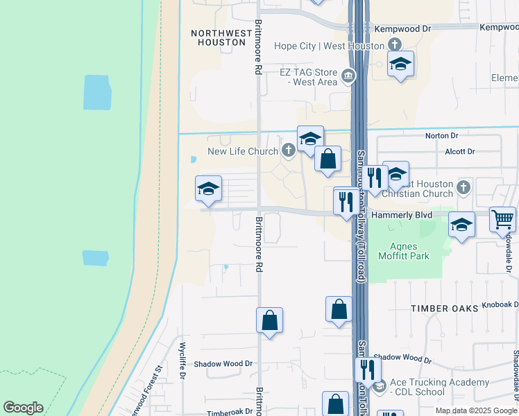 map of restaurants, bars, coffee shops, grocery stores, and more near Hammerly Blvd & Brittmoore Rd in Houston
