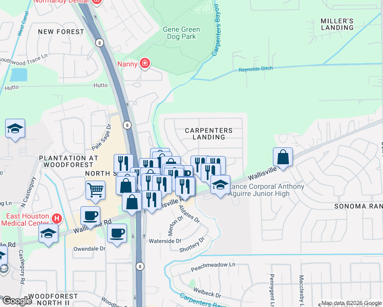 map of restaurants, bars, coffee shops, grocery stores, and more near 15614 Egret Field Lane in Houston