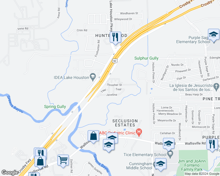 map of restaurants, bars, coffee shops, grocery stores, and more near 5830 South Lake Houston Parkway in Houston