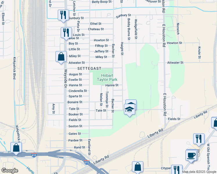 map of restaurants, bars, coffee shops, grocery stores, and more near 5617 Tommye Street in Houston