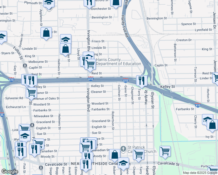 map of restaurants, bars, coffee shops, grocery stores, and more near 1007 Eleanor Street in Houston