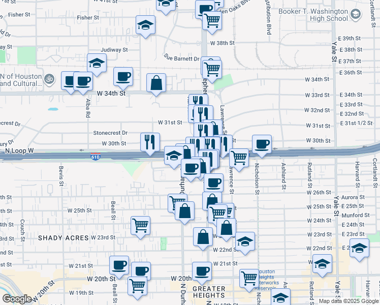 map of restaurants, bars, coffee shops, grocery stores, and more near 2710 North Durham Drive in Houston