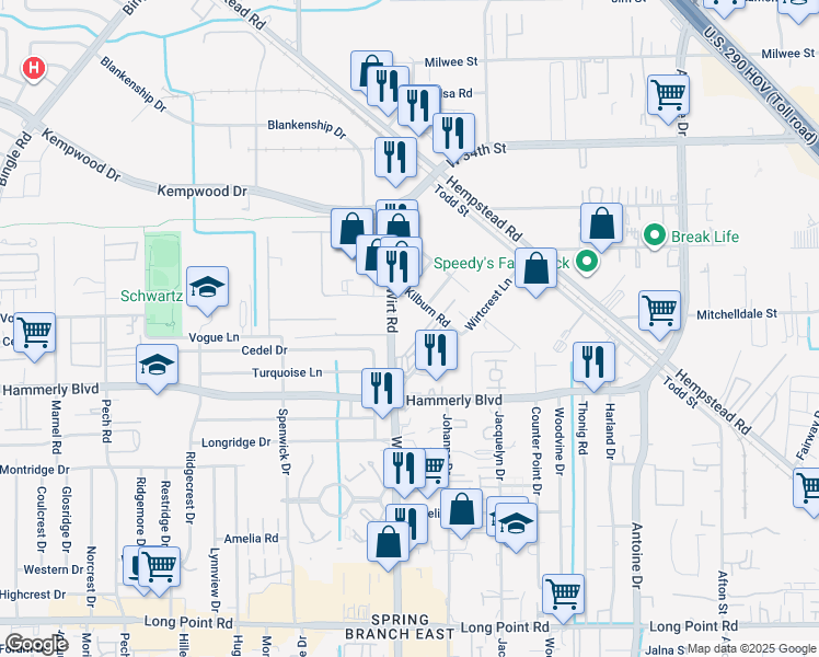 map of restaurants, bars, coffee shops, grocery stores, and more near 2101-2199 Wirtcrest Lane in Houston