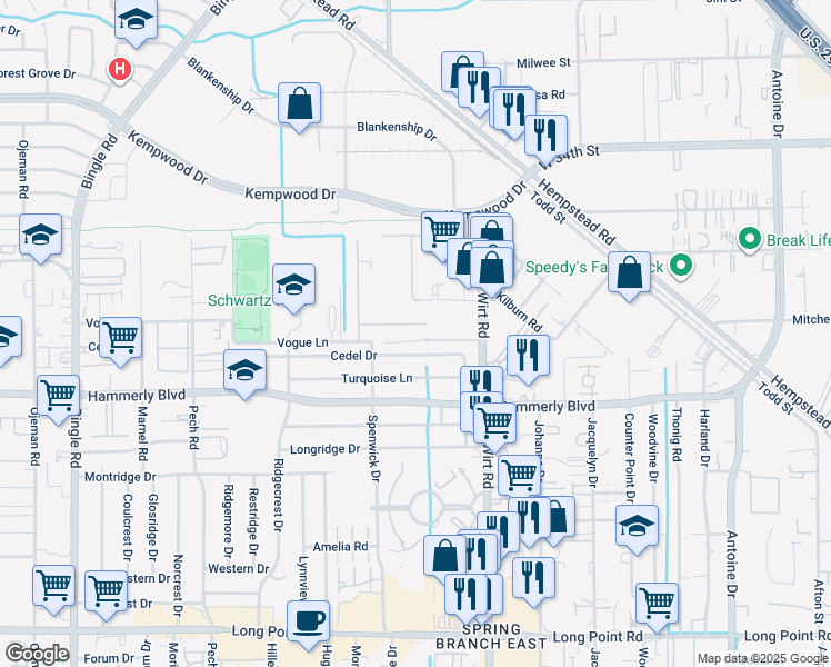 map of restaurants, bars, coffee shops, grocery stores, and more near 7922 Cedel Drive in Houston
