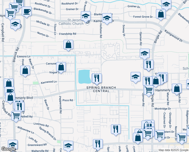 map of restaurants, bars, coffee shops, grocery stores, and more near 2217 Hollister Road in Houston