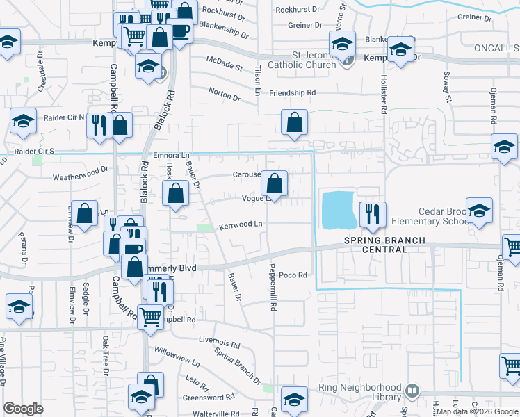 map of restaurants, bars, coffee shops, grocery stores, and more near 2203 Peppermill Road in Houston