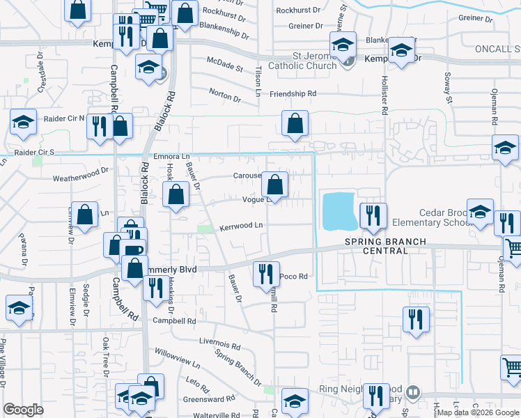 map of restaurants, bars, coffee shops, grocery stores, and more near 2203 Peppermill Road in Houston