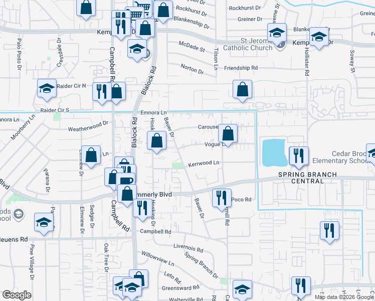 map of restaurants, bars, coffee shops, grocery stores, and more near 2208 Bauer Drive in Houston
