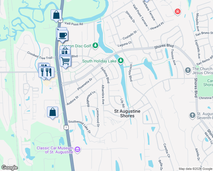 map of restaurants, bars, coffee shops, grocery stores, and more near 198 Cecilia Court in St. Augustine