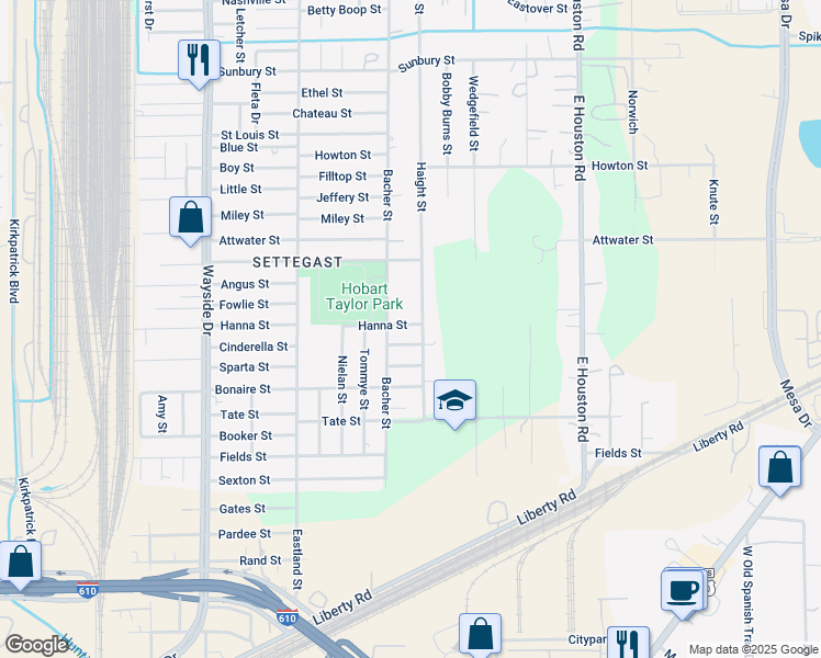 map of restaurants, bars, coffee shops, grocery stores, and more near 8205 Sparta Street in Houston