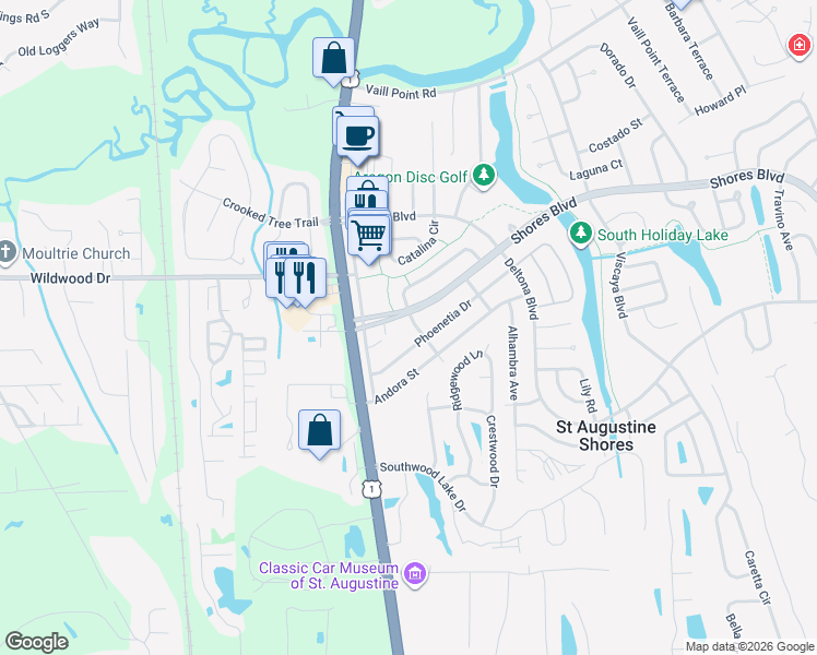 map of restaurants, bars, coffee shops, grocery stores, and more near 93 Phoenetia Drive in St. Augustine