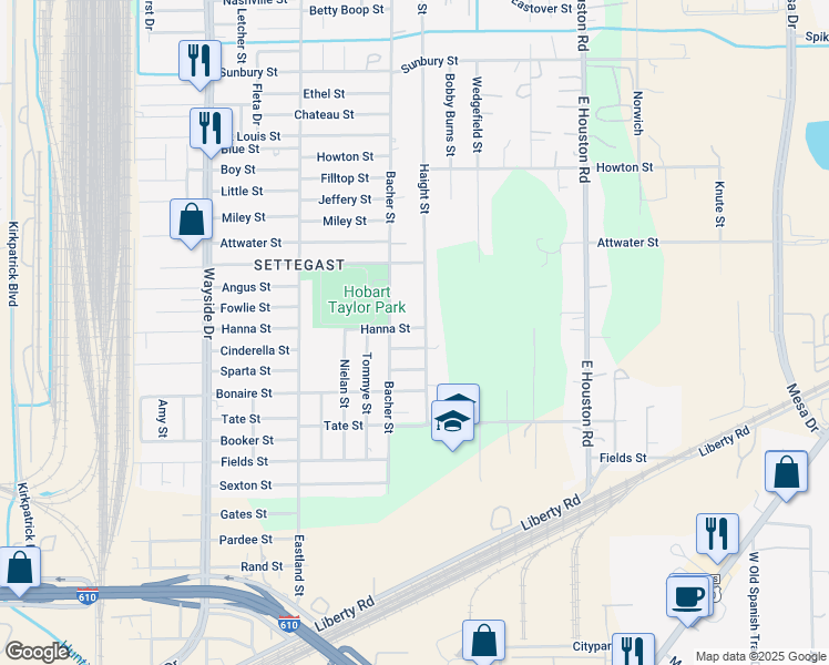 map of restaurants, bars, coffee shops, grocery stores, and more near 8205 Sparta Street in Houston