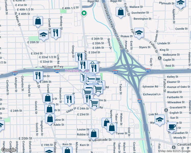 map of restaurants, bars, coffee shops, grocery stores, and more near 1304 East 28th Street in Houston