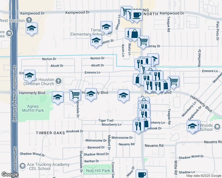 map of restaurants, bars, coffee shops, grocery stores, and more near 10474 Hammerly Boulevard in Houston