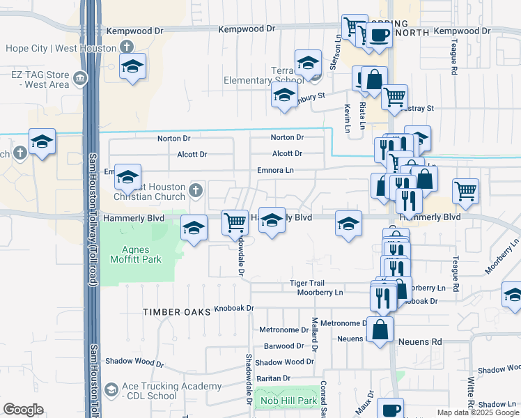map of restaurants, bars, coffee shops, grocery stores, and more near 10570 Hammerly Boulevard in Houston