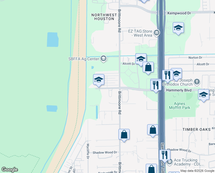 map of restaurants, bars, coffee shops, grocery stores, and more near 11001 Hammerly Boulevard in Houston