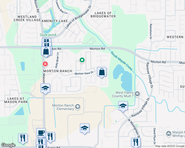 map of restaurants, bars, coffee shops, grocery stores, and more near 2627 Chisolm Creek Court in Katy