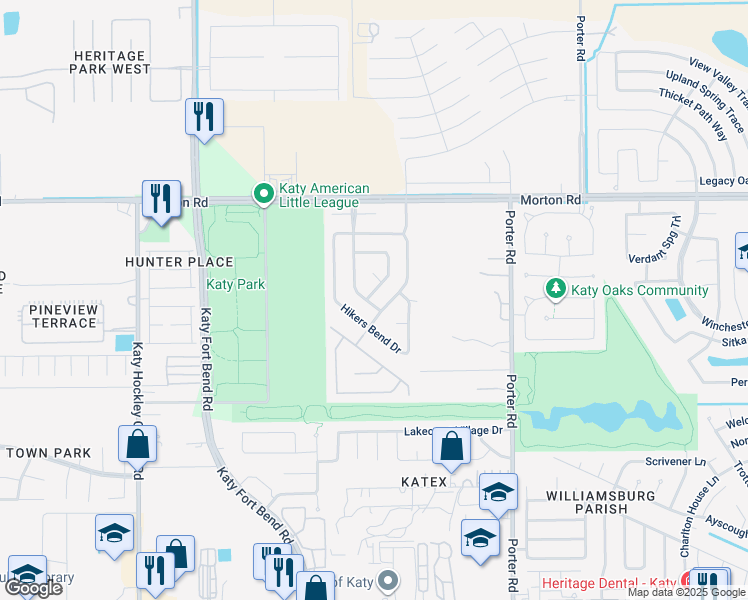map of restaurants, bars, coffee shops, grocery stores, and more near 2703 Lakecrest Forest Drive in Katy