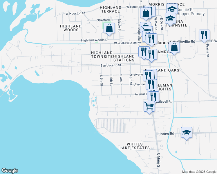 map of restaurants, bars, coffee shops, grocery stores, and more near 510 Avenue East in Highlands