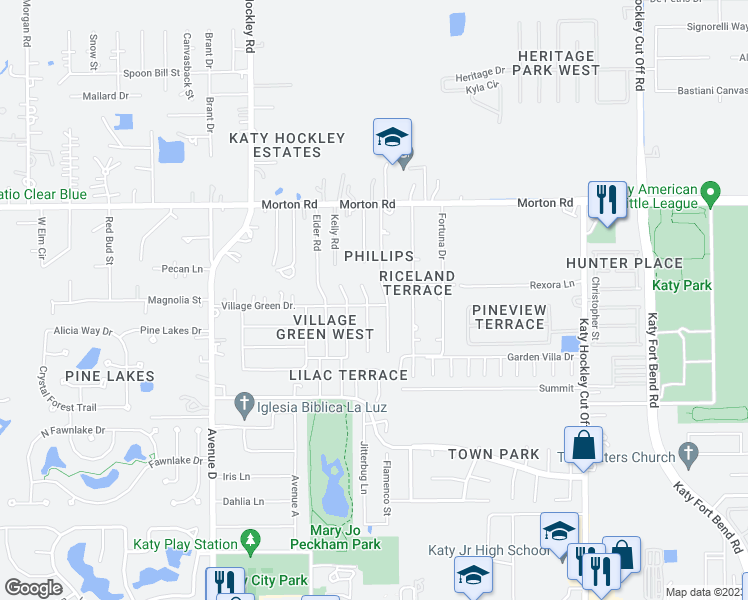 map of restaurants, bars, coffee shops, grocery stores, and more near 2710 Village Court in Katy