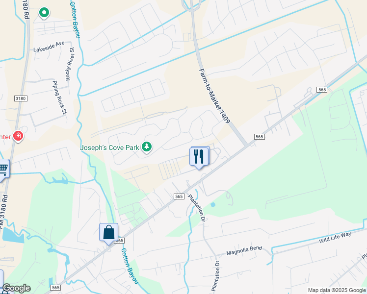 map of restaurants, bars, coffee shops, grocery stores, and more near 5826 Golden Cove Road in Baytown