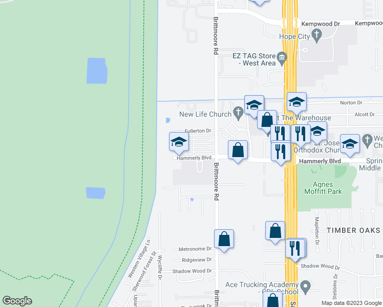 map of restaurants, bars, coffee shops, grocery stores, and more near 11001 Hammerly Blvd in Houston