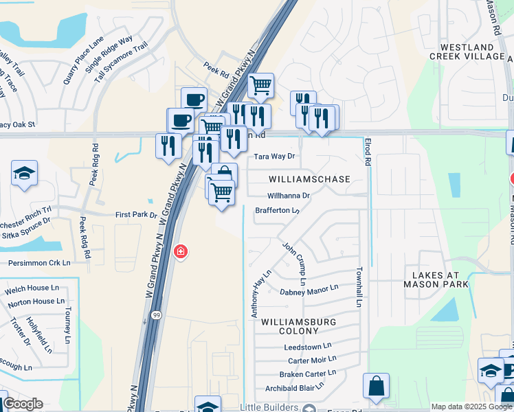 map of restaurants, bars, coffee shops, grocery stores, and more near 22802 Powell House Lane in Katy