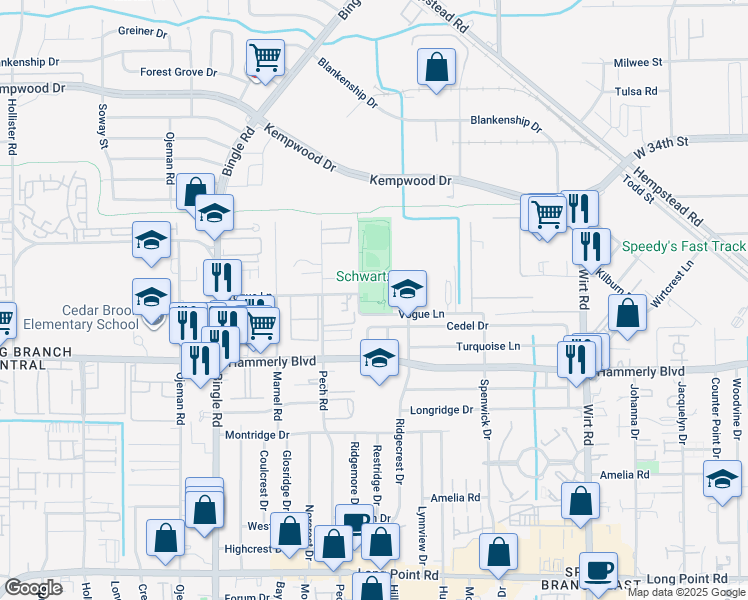 map of restaurants, bars, coffee shops, grocery stores, and more near 8203 Vogue Lane in Houston