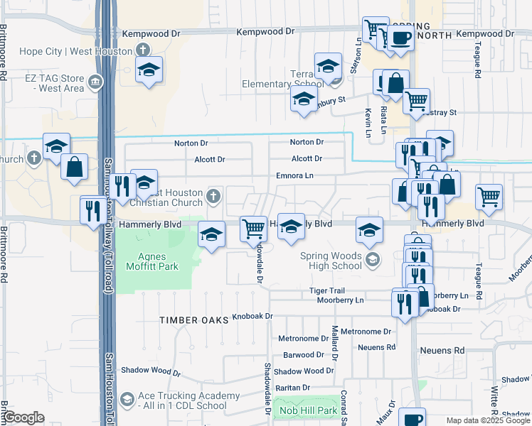 map of restaurants, bars, coffee shops, grocery stores, and more near 20 Shadowdale Drive in Houston