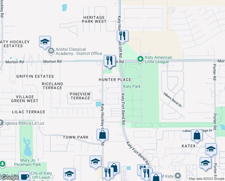map of restaurants, bars, coffee shops, grocery stores, and more near Christopher Street in Katy