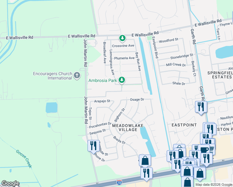 map of restaurants, bars, coffee shops, grocery stores, and more near 7926 Erie Street in Baytown