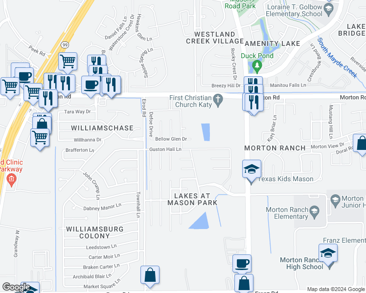 map of restaurants, bars, coffee shops, grocery stores, and more near 22234 Guston Hall Lane in Katy