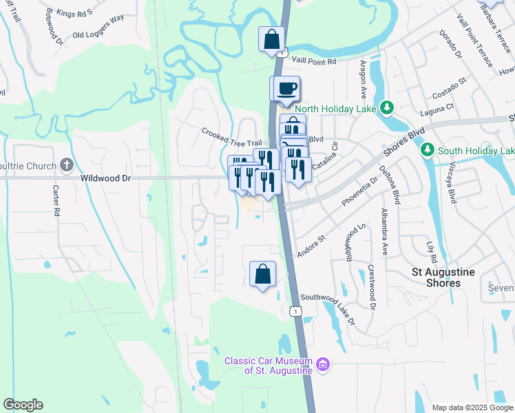 map of restaurants, bars, coffee shops, grocery stores, and more near 4315 U.S. 1 in St. Augustine